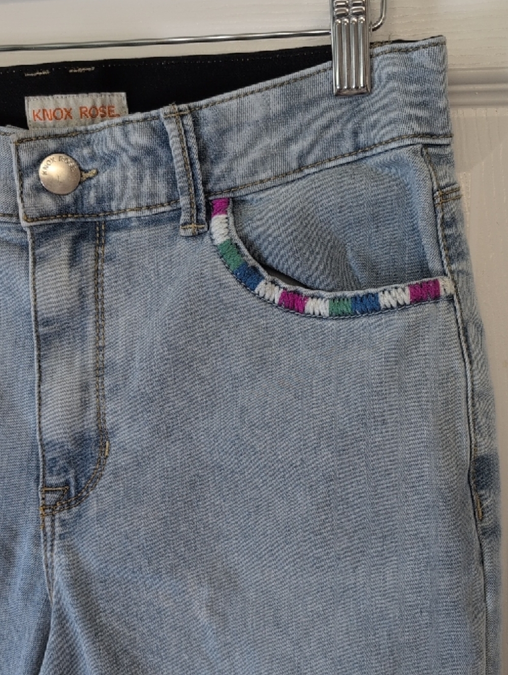 Knox Rose Light Blue High Rise Jeans with Multicolor Pocket Trim